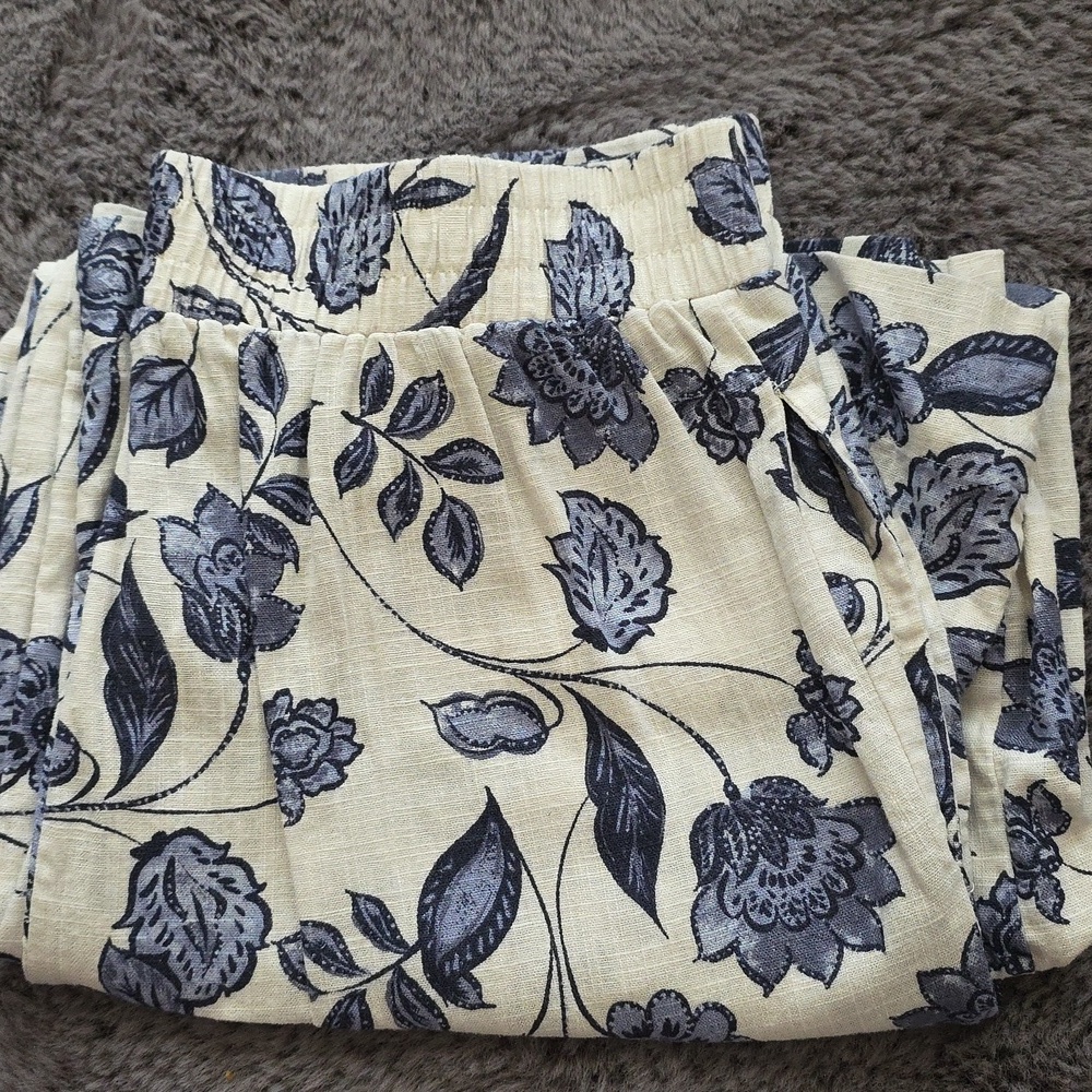 Ella Moss Blue Cream Floral Linen Blend Cropped Pants Medium